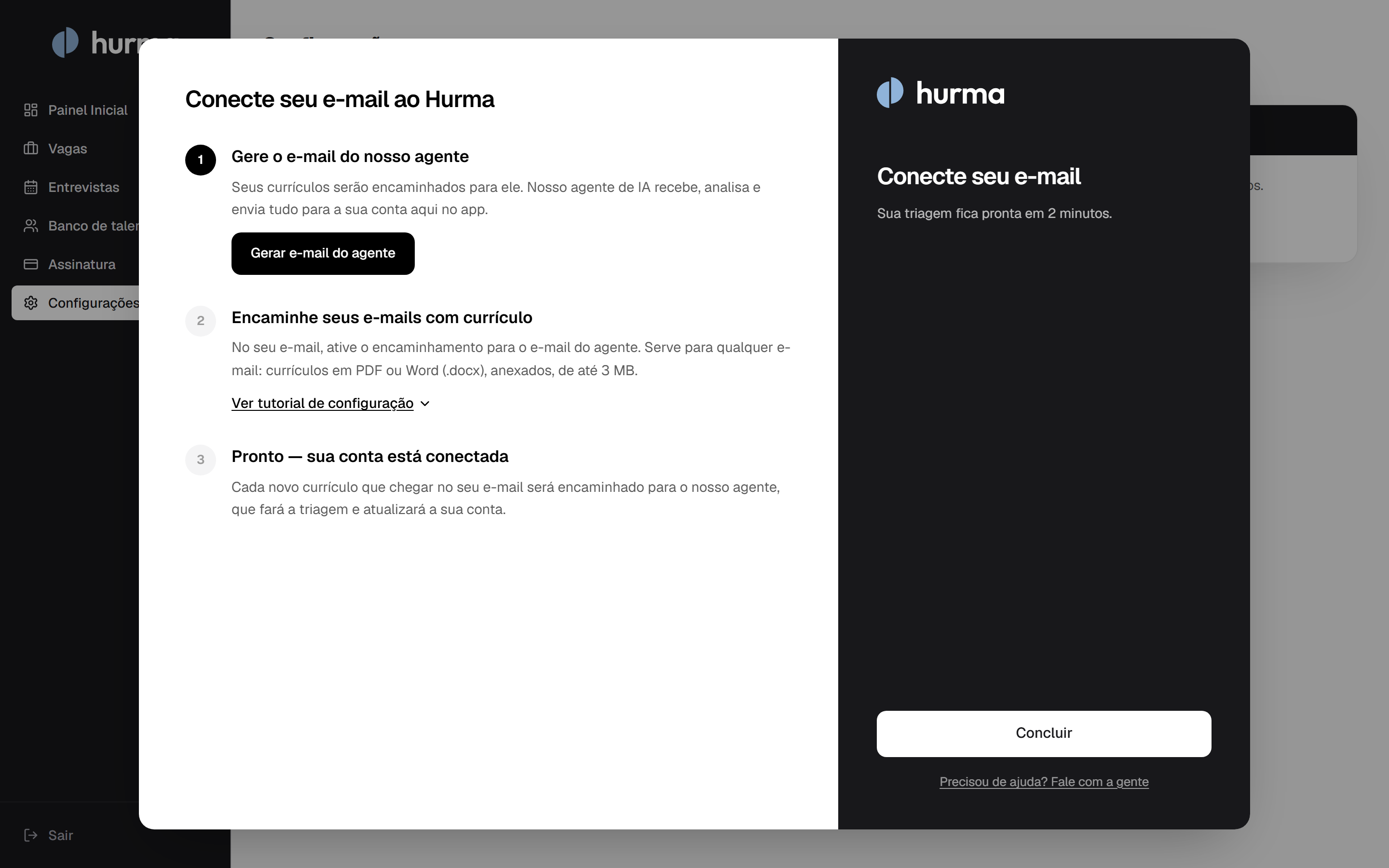 Passo a passo para conectar o e-mail ao agente da Hurma